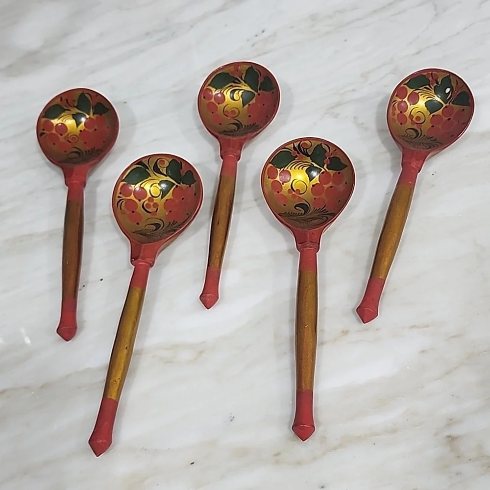Set of 2 Vintage Russian Khokhloma Wooden Spoons - Picture 1 of 2